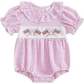 MoZiKQin 4th of July Baby Girl Outfit American Flag Embroidery Bubble Romper Puff Sleeve Bodysuit Fourth of July Clothes