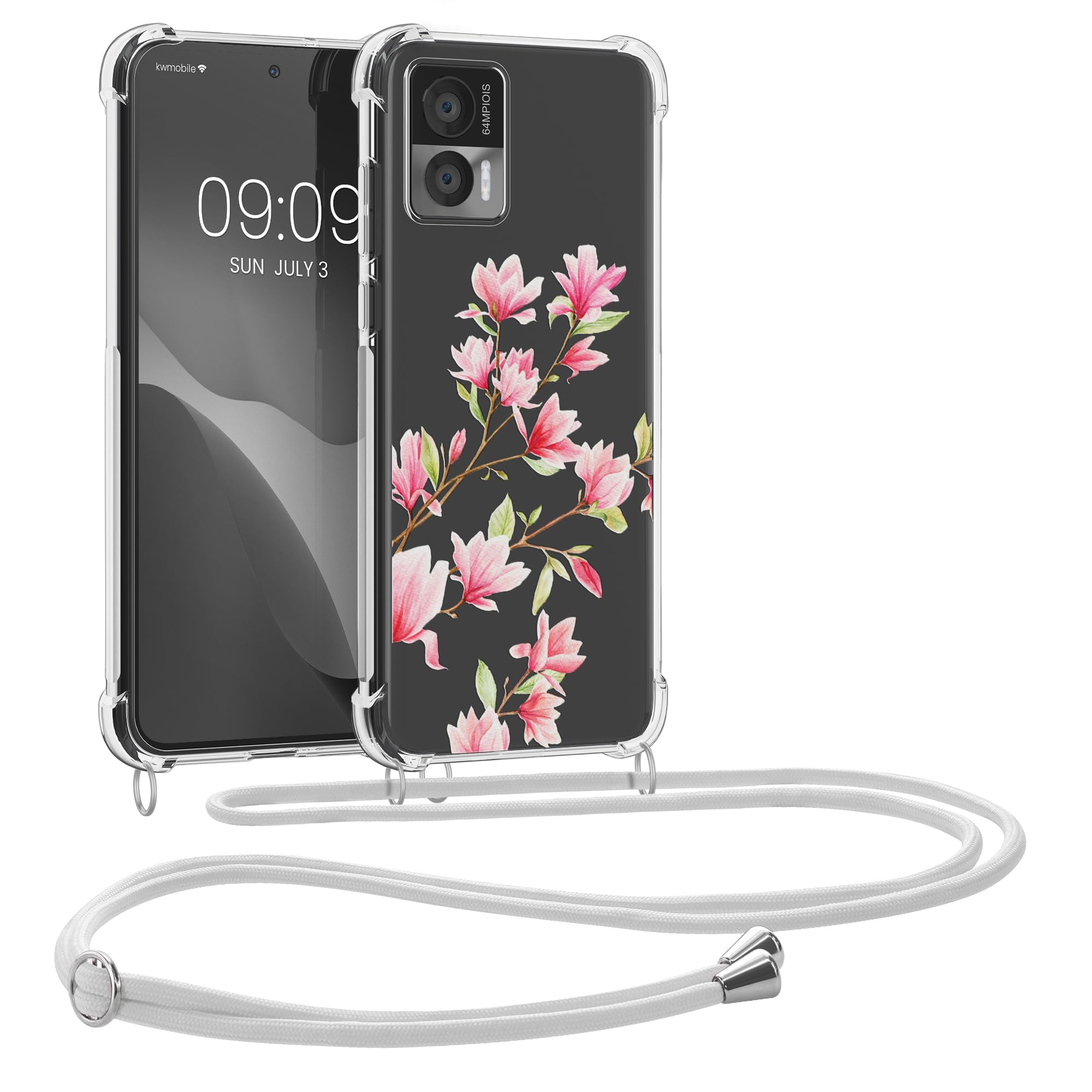 kwmobile Crossbody Case Compatible with Motorola Edge 30 Neo Case Strap - Magnolias Pink/White/Transparent