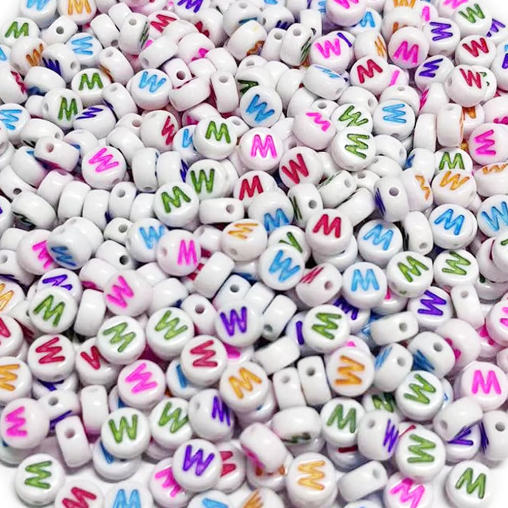 500PCS 4x7mm Acrylic Letter Beads W for Friendship Bracelets Jewelry Making, White Flat Round Acrylic with Colourful Alphabet Beads for DIY Crafts Bracelets Necklaces Key Chains Phone Lanyard