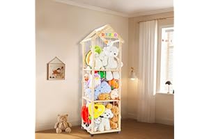 VTSHENY Stuffed Animal Storage,Stuff Animal Organizer Display Wood Zoo Animals Toy Holder with Length Adjustable,360° Swivel Wheels Simple Installation for Nursery Play Room Bedroom