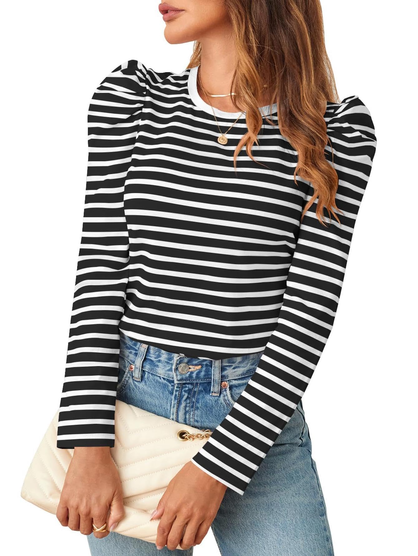 Am Direct Womens Puff Long Sleeve Shirts Crewneck Fall Tops Basic Dressy Casual Blouses 2025 Trendy Outfits Black