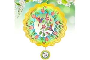 EXRISIRY Wind Spinners - 12 Inches Large Hummingbird Wind Sculptures, 3D Reflective Metal Wind Spinners for Yard and Garden Decor, Mom, Grandma's Thanksgiving, Christmas, Birthday Gifts, Yellow Green