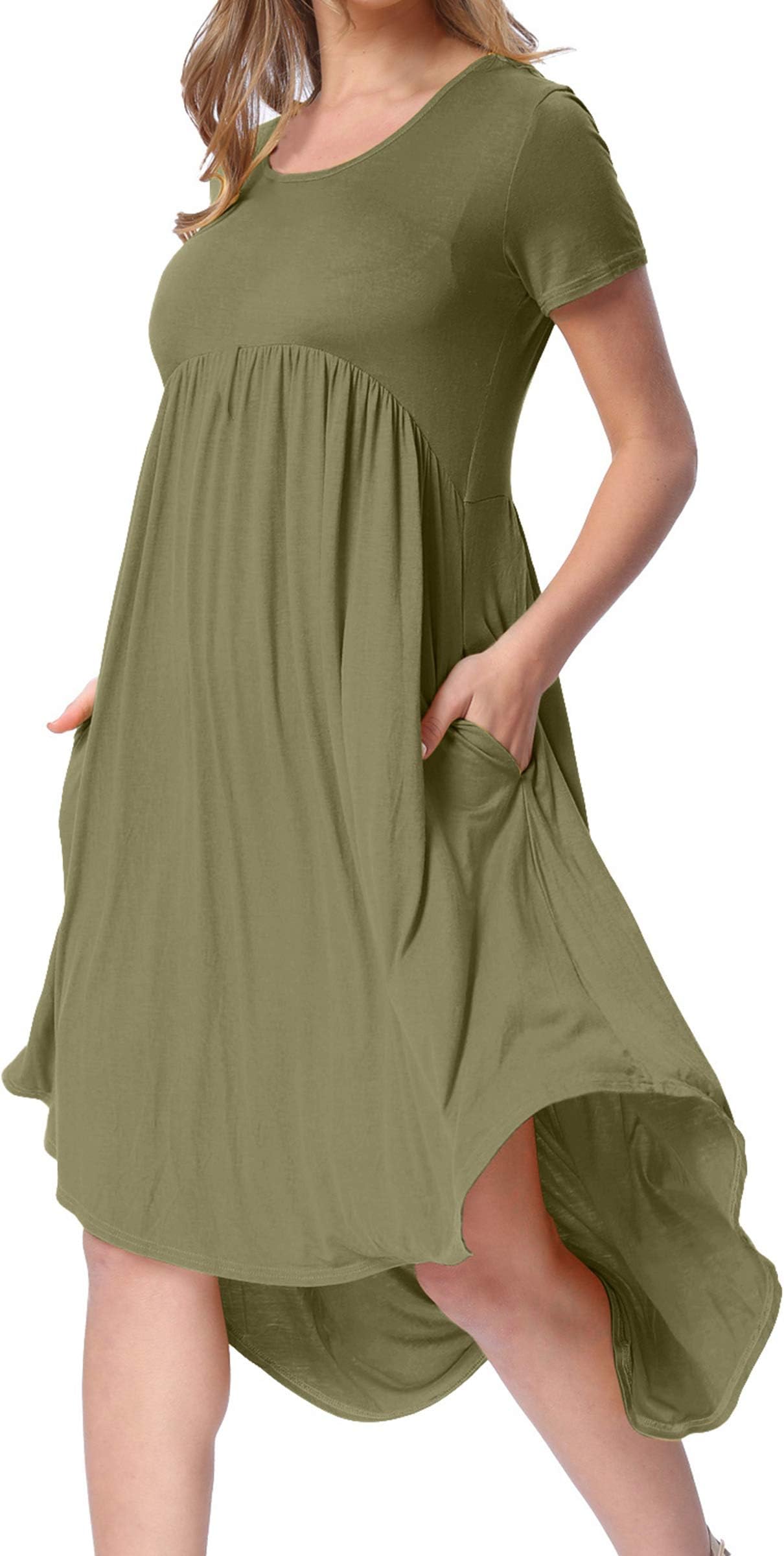 Women's Pockets High Low Pleated Loose Swing Casual Midi Dress