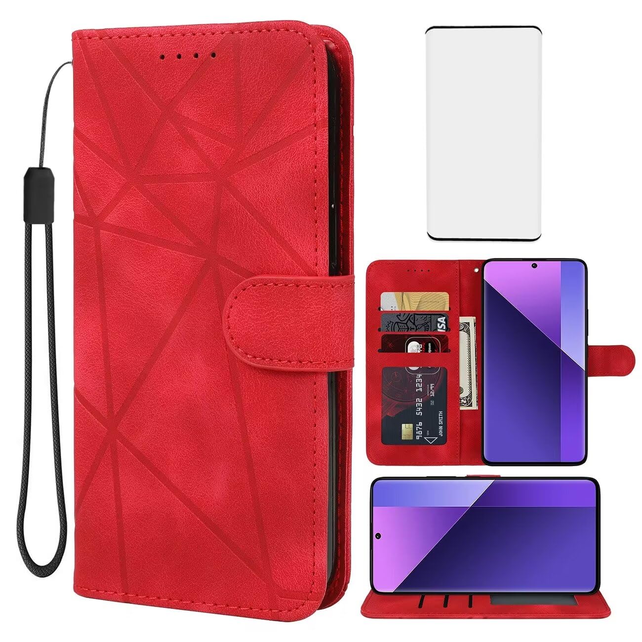 Wanyuexes Case for Redmi Note 13 Pro+ 5G/ Redmi Note 13 Pro Plus 5G Wallet Case with Tempered Glass Screen Protector, Leather Flip Credit Card Holder Stand Cover for Xiaomi Redmi Note 13 Pro+ 5G Red