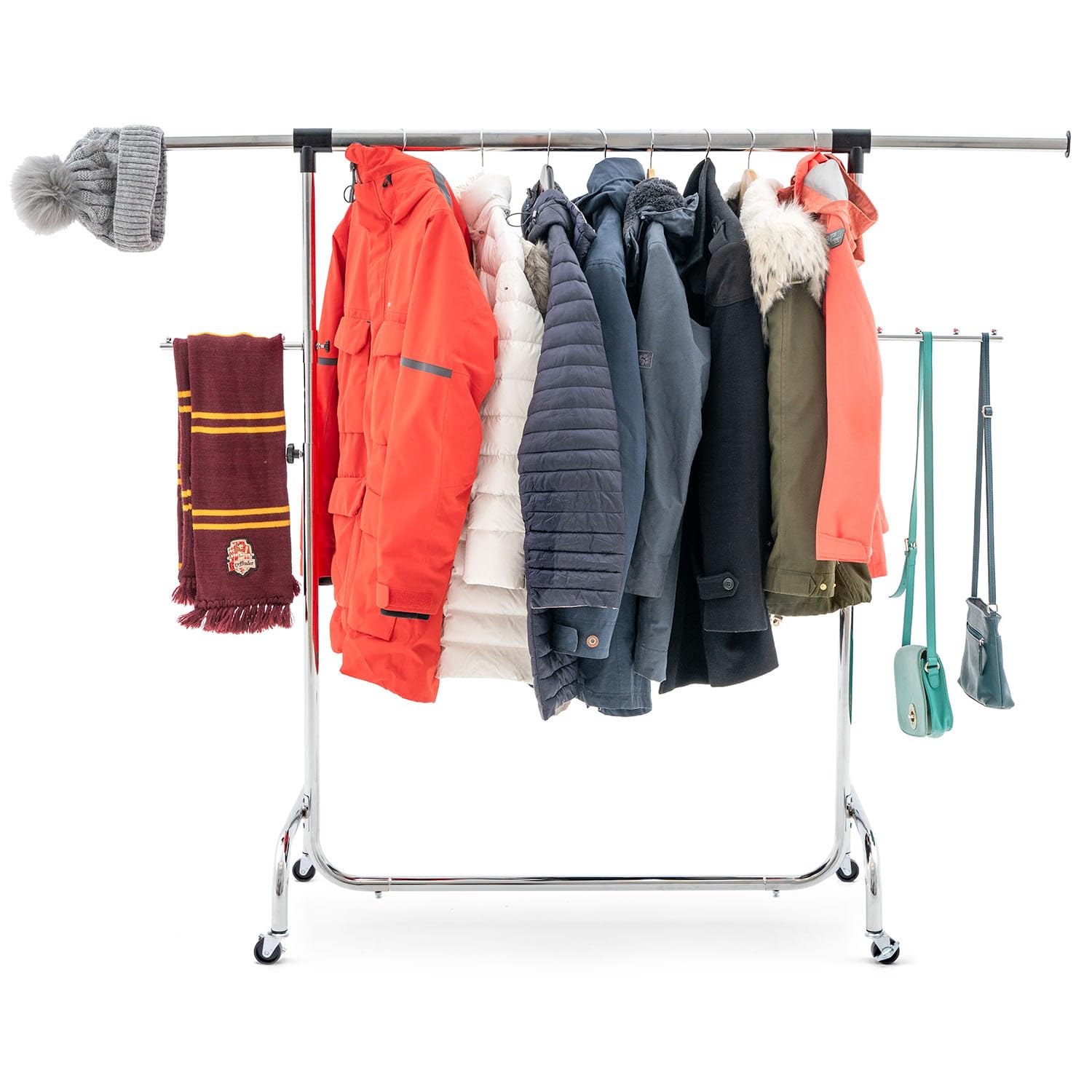 Tatkraft Falcon Sturdy and Big Clothes Rack on Wheels, Extendable Length (106-179 cm) and Height (137.5-187.5 cm), Easy to Assemble, Chromed Steel