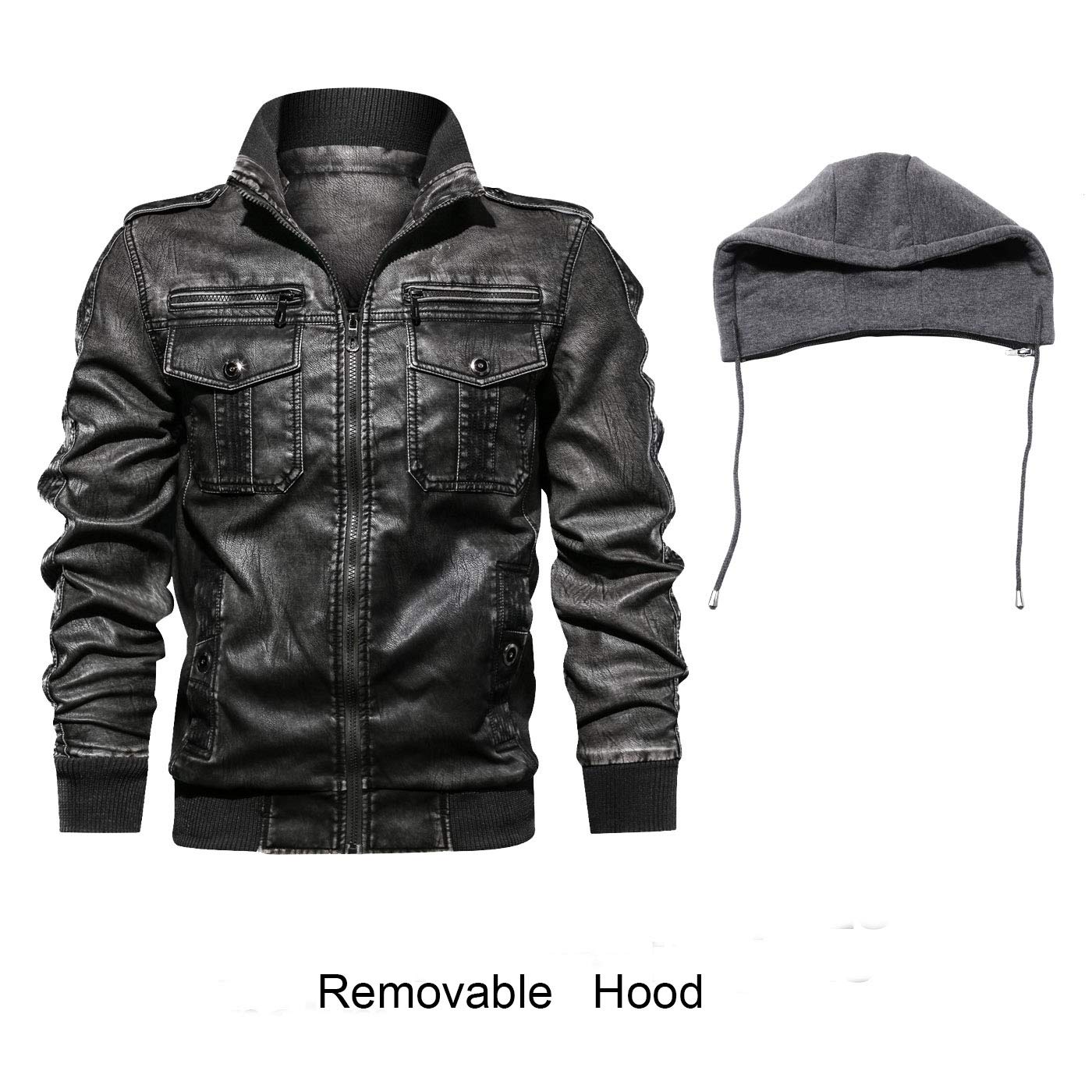 FEDTOSING Men\'s Faux Leather Jacket Retro Zip-UP Motorcycle Jackets with Removable Hood (Black-2 S)
