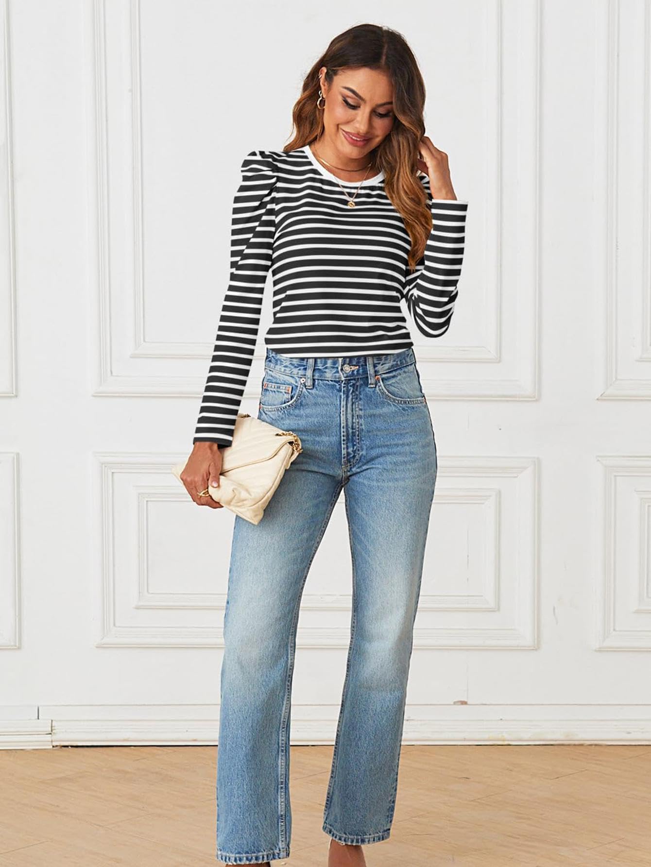 Am Direct Womens Puff Long Sleeve Shirts Crewneck Fall Tops Basic Dressy Casual Blouses 2025 Trendy Outfits Black