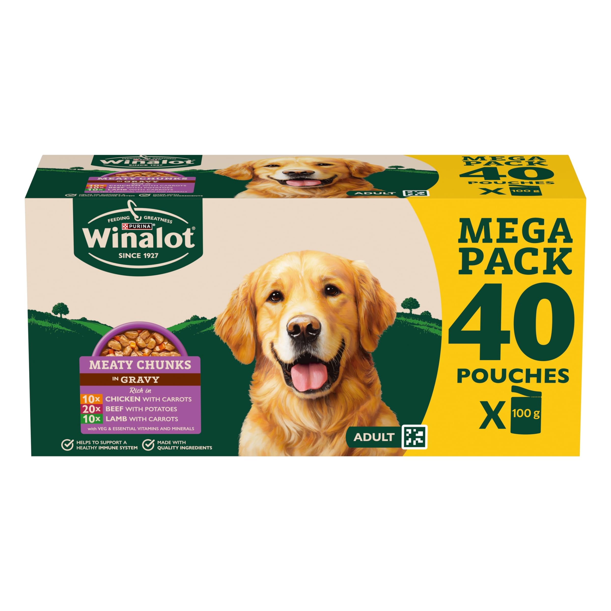 WINALOT Meaty Chunks Adult Wet Dog Food Mixed in Gravy Beef, Chicken, Lamb 40x100g Pouches