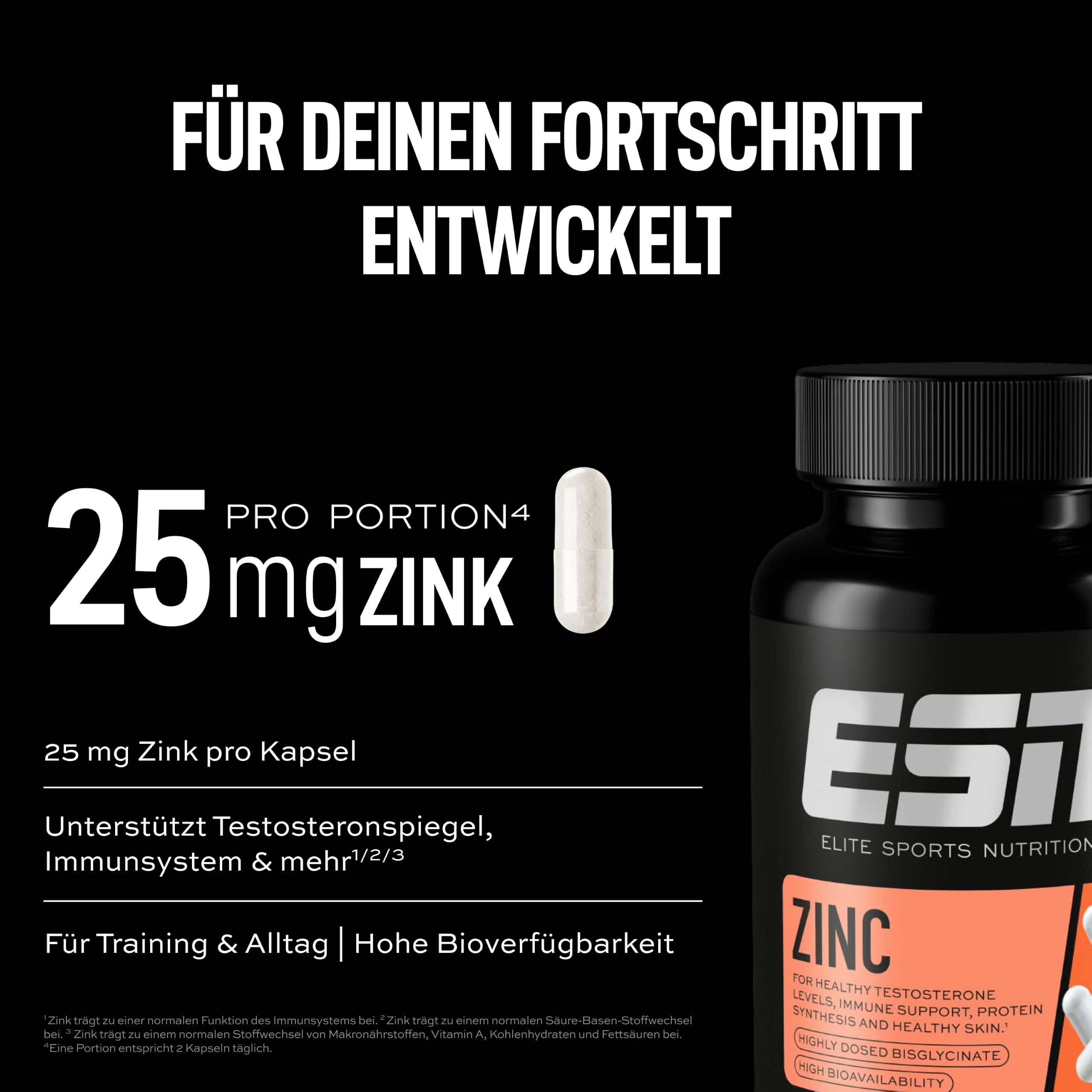 ESN Zinc - hochdosiertes Nahrungsergänzungsmittel mit 25 mg Zinkbisglycinat pro Tagesportion - gute Verträglichkeit und Bioverfügbarkeit - vegan - 120 Kapseln, 120 Portionen 3