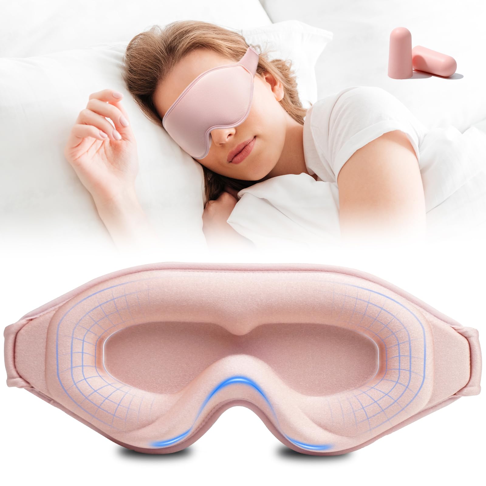 Photo 1 of 3D Sleep Mask with Earplugs, 100% Light Blackout Eye Mask for Sleep, Washable Sleeping Mask, 0 Pressure Eye Covers for Sleep with Wider Adjustable Strap, Only 1.3oz Light Soft Sleeping Mask (Pink)
