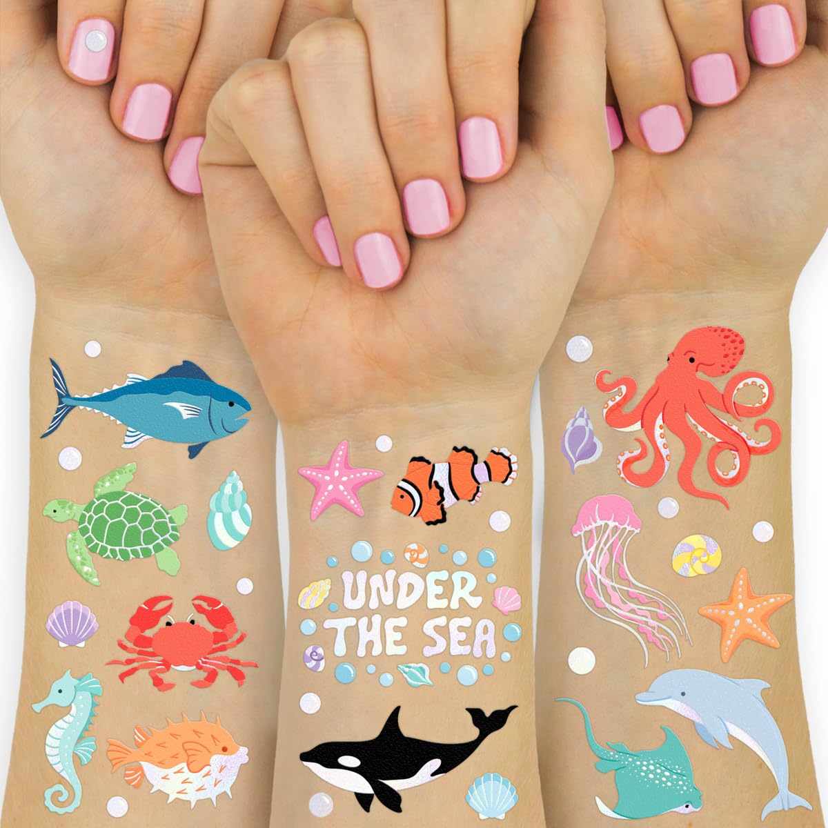 Photo 1 of xo, Fetti Underwater Sea Creature Temporary Tattoos - 64 Styles | Ocean Animal Birthday Party Supplies, Aquarium Activity, Fish Tats, Kids Bday Decor