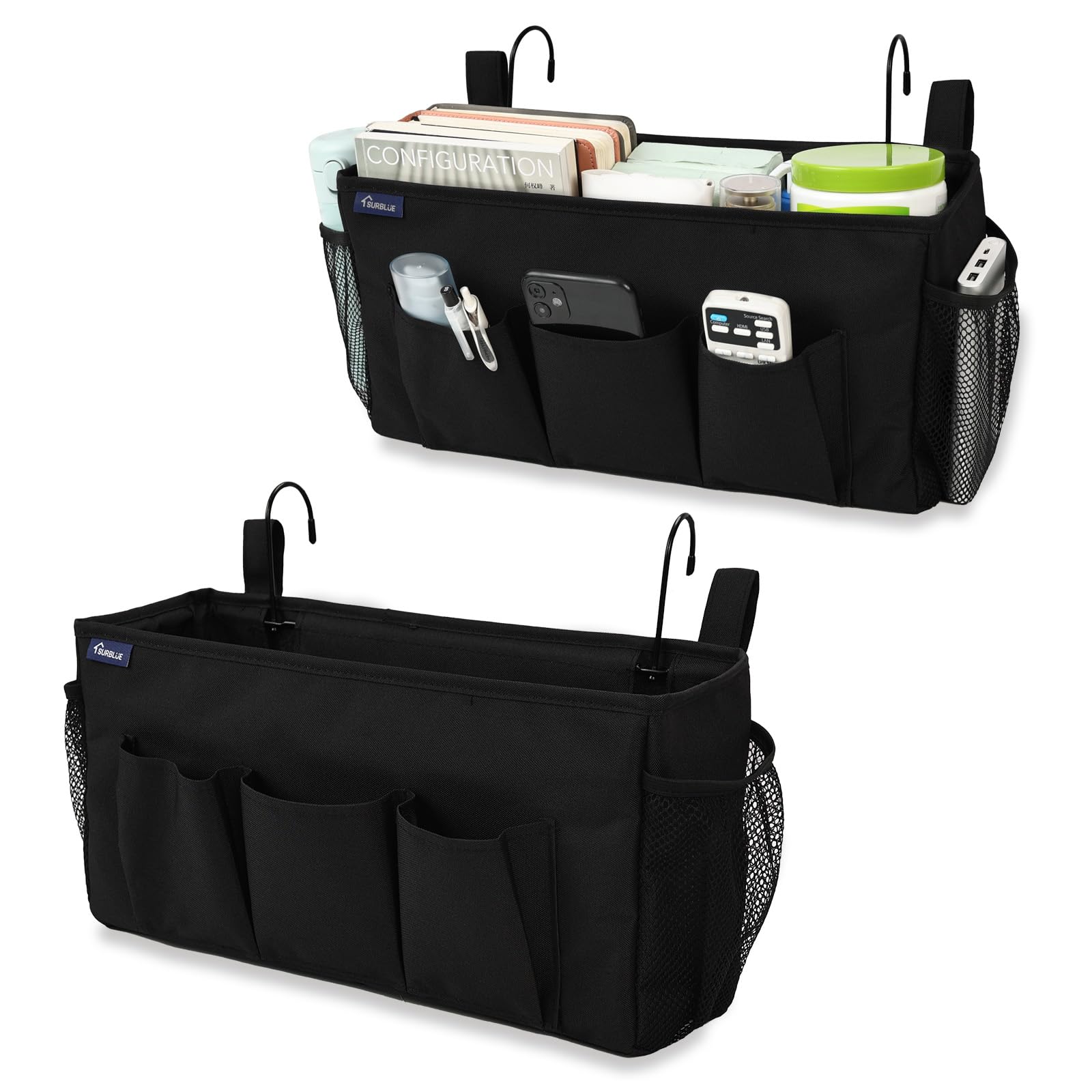 Photo 1 of Surblue Bedside Organizer with Hook Bedside Caddy Hanging Storage Bag with Adjustable Strap and Water Bottle Holder for Home College Dorm Bunk Bed Accessories, Crib Bed Rail, Hospital Bed, Black, 2PCS