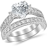 14K White Gold 2 Carat LAB GROWN DIAMOND Three Stone Vintage With Milgrain & Filigree Bridal Set with Wedding Band & Heart Cut Diamond Engagement Ring (E-F Color VS2-SI1 Clarity 1 Ct Center)