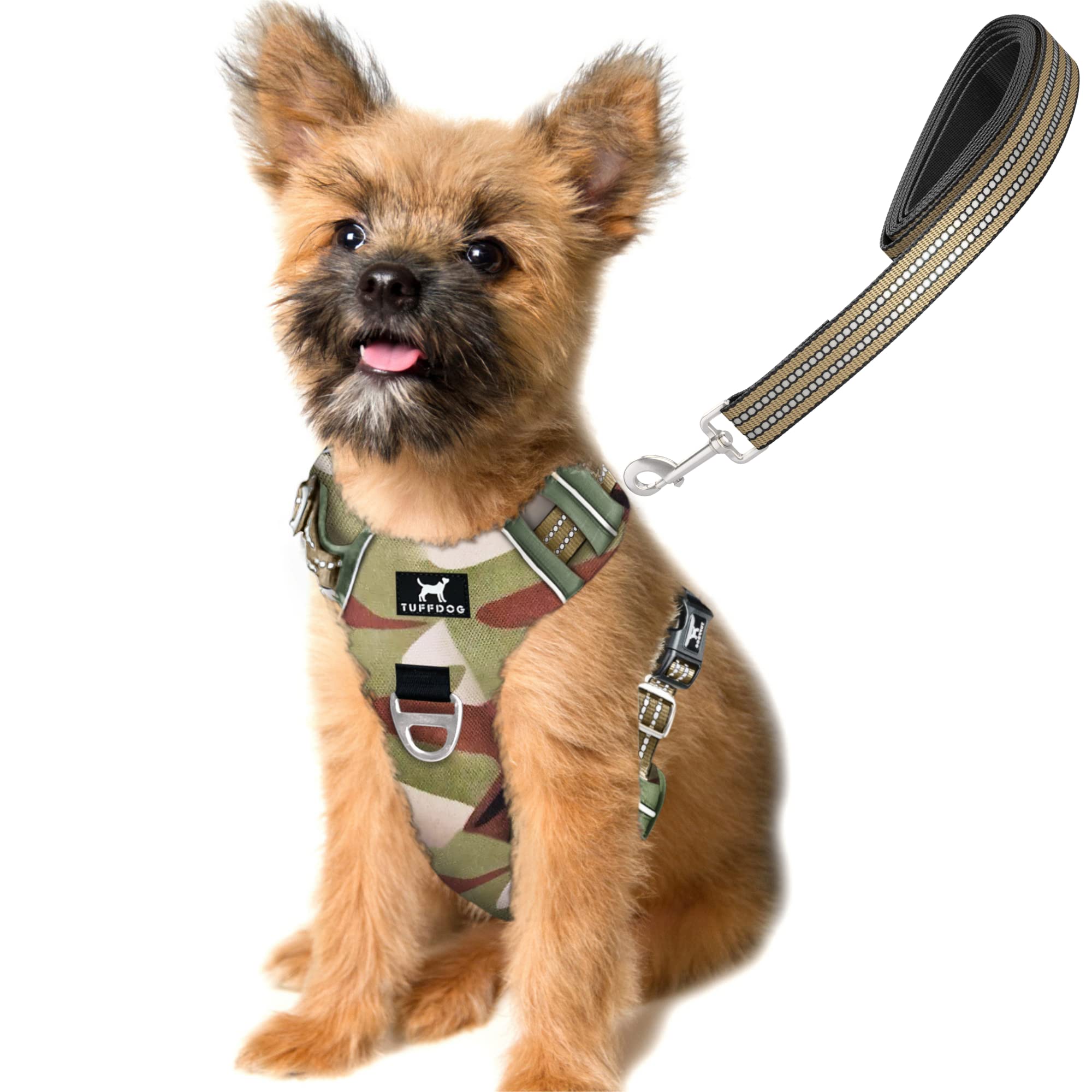 TUFFDOG Easy-Fit Dog Harness Small - Fast Release Neck Clip, Premium Padded Reflective No Pull Harness with Control Handle, Adjustable Step-in Dog Vest Plus Free Matching Lead (S, Jungle Camo)