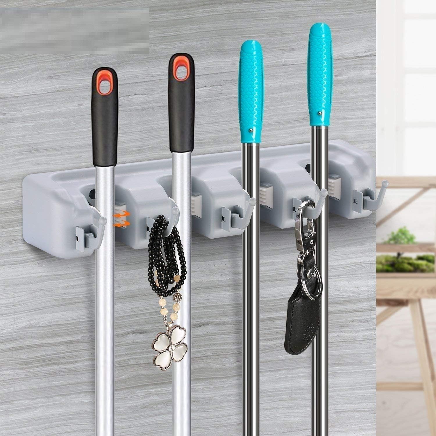 Toua Plastic Multipurpose Wall Mounted Organizer 5 Position 6 Hooks Mop and Broom Holder (Grey)