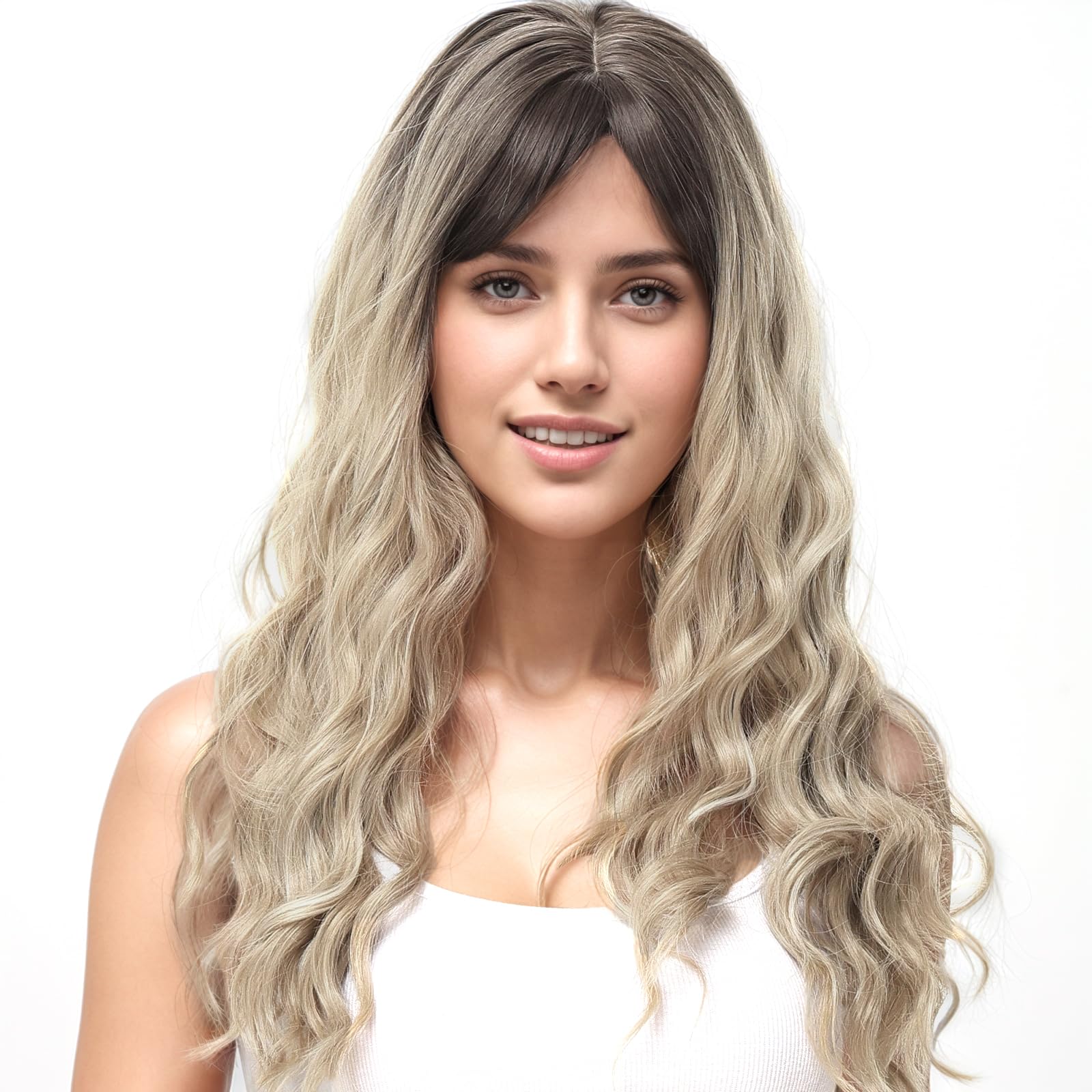 BUYOGET Long Curly Wavy Ombre Blonde Wig with Fringe Adjustable 24 Inch Synthetic Cosplay Daily Hair Wigs for Women