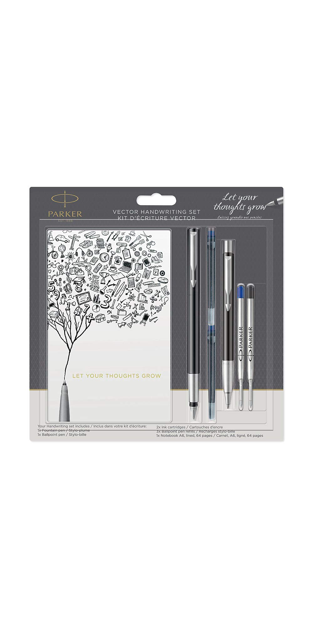 Parker Vector Handwriting Set with a Fountain Pen | Ballpoint Pen & A6 Notebook | Black with Chrome Trim | Assorted Blue Ink Refills