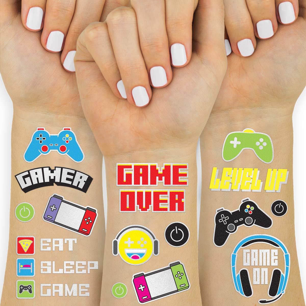 xo, Fetti Video Game Party Supplies Temporary Tattoos - 44 Glitter Styles | Videogame Birthday, Controller, Headset, Gamer, Arcade: Beauty