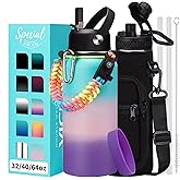 VICKNIY 32 40/64/128 oz Flask Water Bottles Insulated - with Straw Auto Spout Lid, Water Bottle Stainless Steel Keep Cold 48H Hot 24H, Metal Water Bottle with Strap, Paracord Handle, Protective Boot