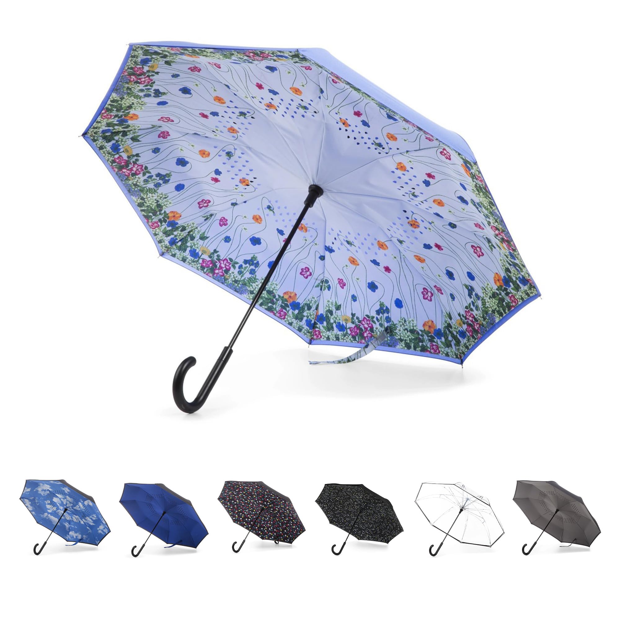 Totes InBrella - Reverse Close Umbrella with Invisible Water Repellent Coating - Auto Close, Inverted, Dripless, and Stormproof for Rainy Weather