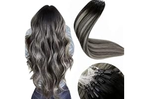 LaaVoo Micro Beads Hair Extensions Human Hair Ombre Natural Black to Grey Silver Micro Loop Hair Extensions Balayage Human Hair 16 Inch 50g/50s