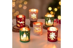 Hewory Christmas Votive Candle Holders: Christmas Tea Light Candle Holder Set of 6, Cylinder Glass Candle Holders Centerpiece Christmas Decorations Indoor Home Decor for Table Fireplace Holiday Party