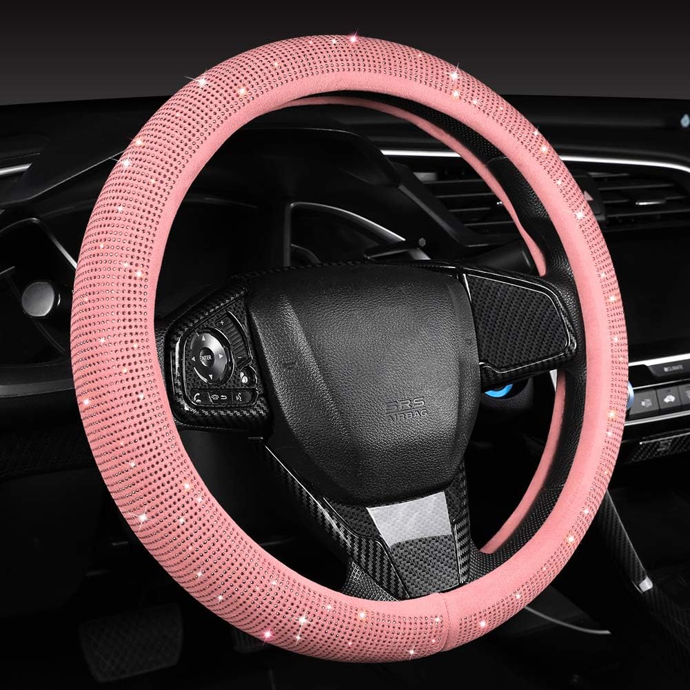 Women Fashion Pink Velvet Bling Steering Wheel Cover with