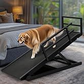 LILYPELLE Dog Ramp for Bed, 5-Level Adjustable Folding Pet Ramp with Rails | Dog Ramp with High-traction Rubber Mat, Pet Ramp for High Bed, Couch, SUV, Natural Wood Pet Ramp for Small, Large, Old Dogs
