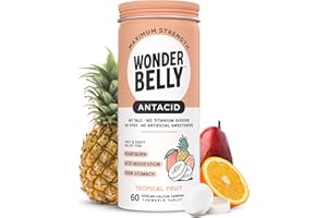 Wonderbelly Antacid, Effective Heartburn and Instant Acid Indigestion Relief, Extra Strength Chewable Tablets, 1000 mg Calcium Carbonate, No Talc or Dye, Tropical Fruit, 60 Count