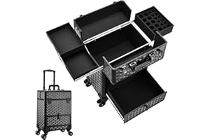 Costravio Rolling Makeup Train Case, Large Storage Professional Cosmetic Trolley Makeup Travel Case with Drawer Key Swivel Wheels Beauty Barber Tattoo Case Trunk for Makeup Nail Tech, Dark