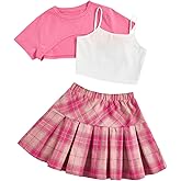 Verdusa Girl's 3 Piece Outfits Crop Cami Top and Plaid Print Pleated Skirt Set with Tee Top