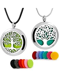 RoyAroma 2PCS Tree of Life Aromatherapy Essential Oil Diffuser Necklace Stainless Steel Locket Pendant 12 Felt Pads
