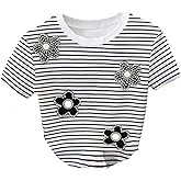 RoseSeek Women's Rhinestone Floral Striped Tops Crew Neck Short Sleeve T Shirts Casual Summer Tops