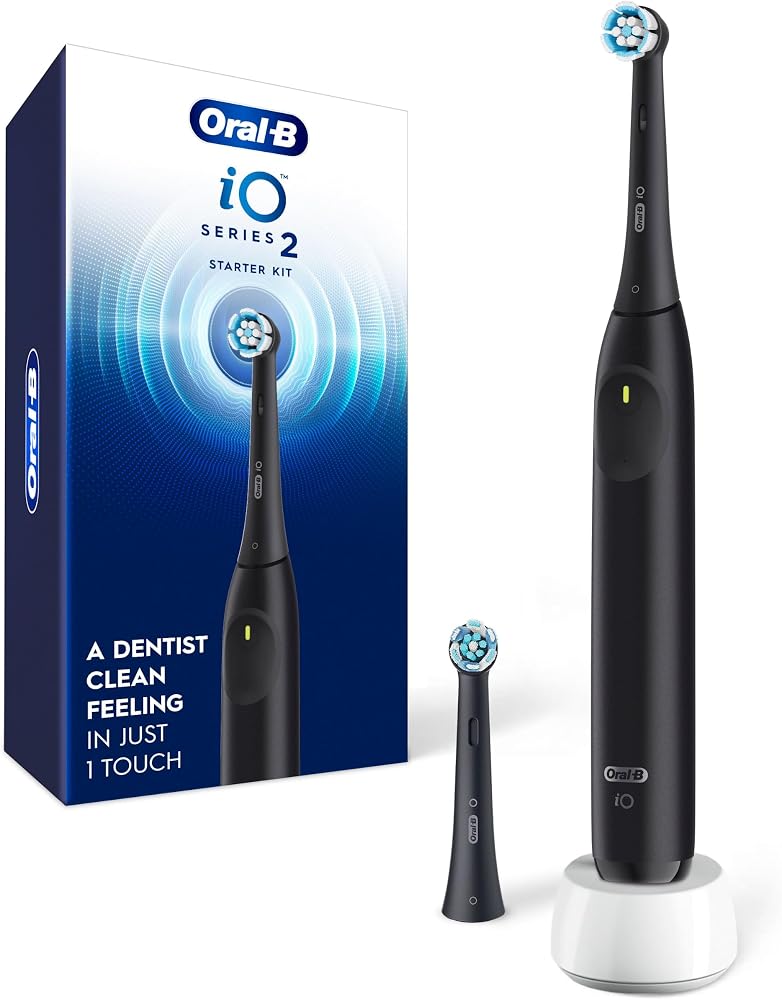 Oral-B Rechargeable Electric Toothbrush, iO2 Starter Kit, 3 Cleaning Modes, Automatic Pressure Sensor to Protect Gums, 2 Brus