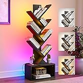 Evermagin 6 Tier Tree Bookshelf with Lights, LED Book Tree Bookcase with Storage Organizer, Small Corner Bookshelf Floor Standing Book Shelf for Living Room, Bedroom & Home Office, Black