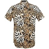 UPAAN Men's Leopard Printed Disco Shirts Short Sleeve Button Down Casual Shirt