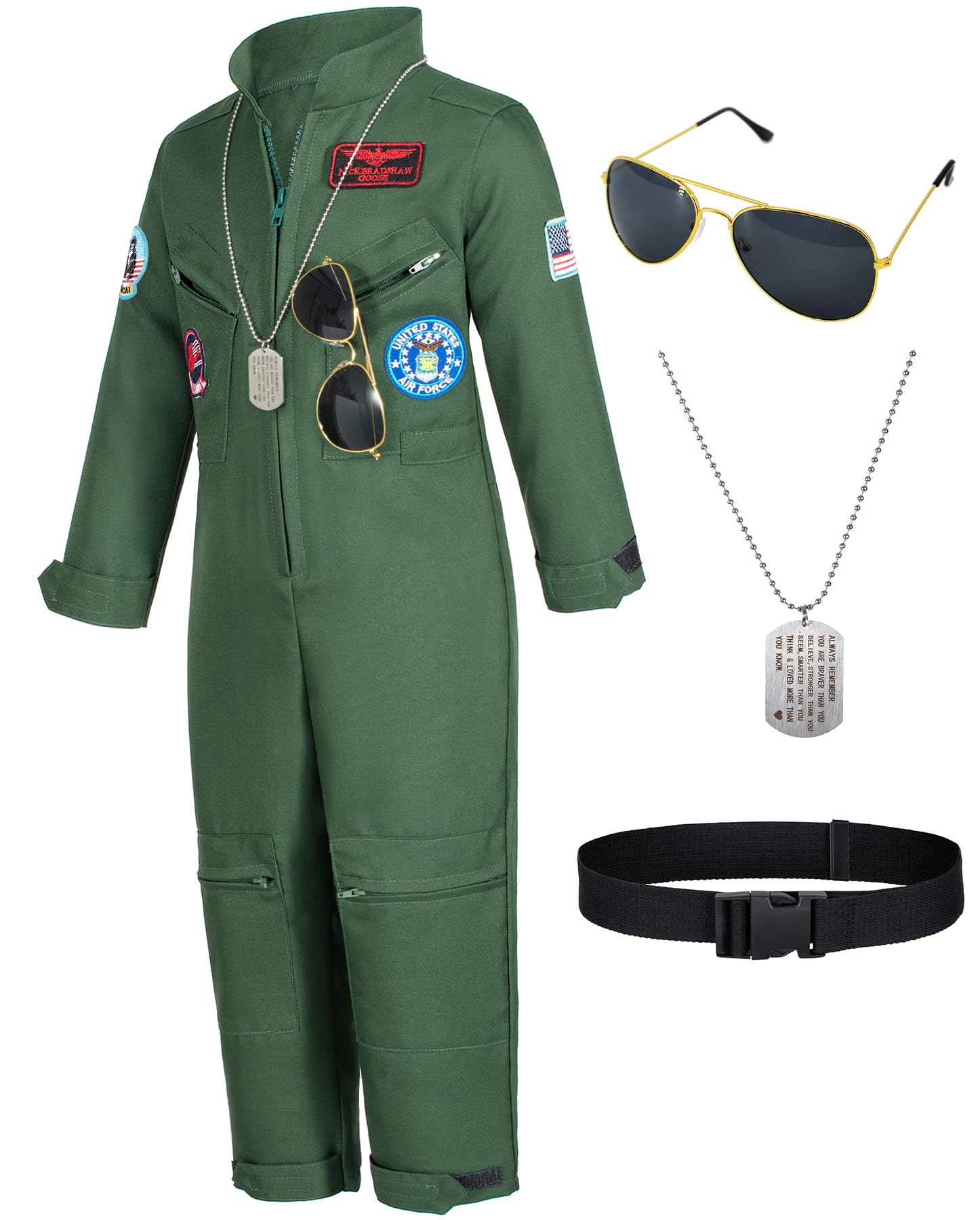 Photo 1 of Boys Fighter Pilot Costume - Kids Air Force Flight Suit with Aviator Sunglasses & Tag & Belt for Roleplay Dress Up 3T 4T Army Green