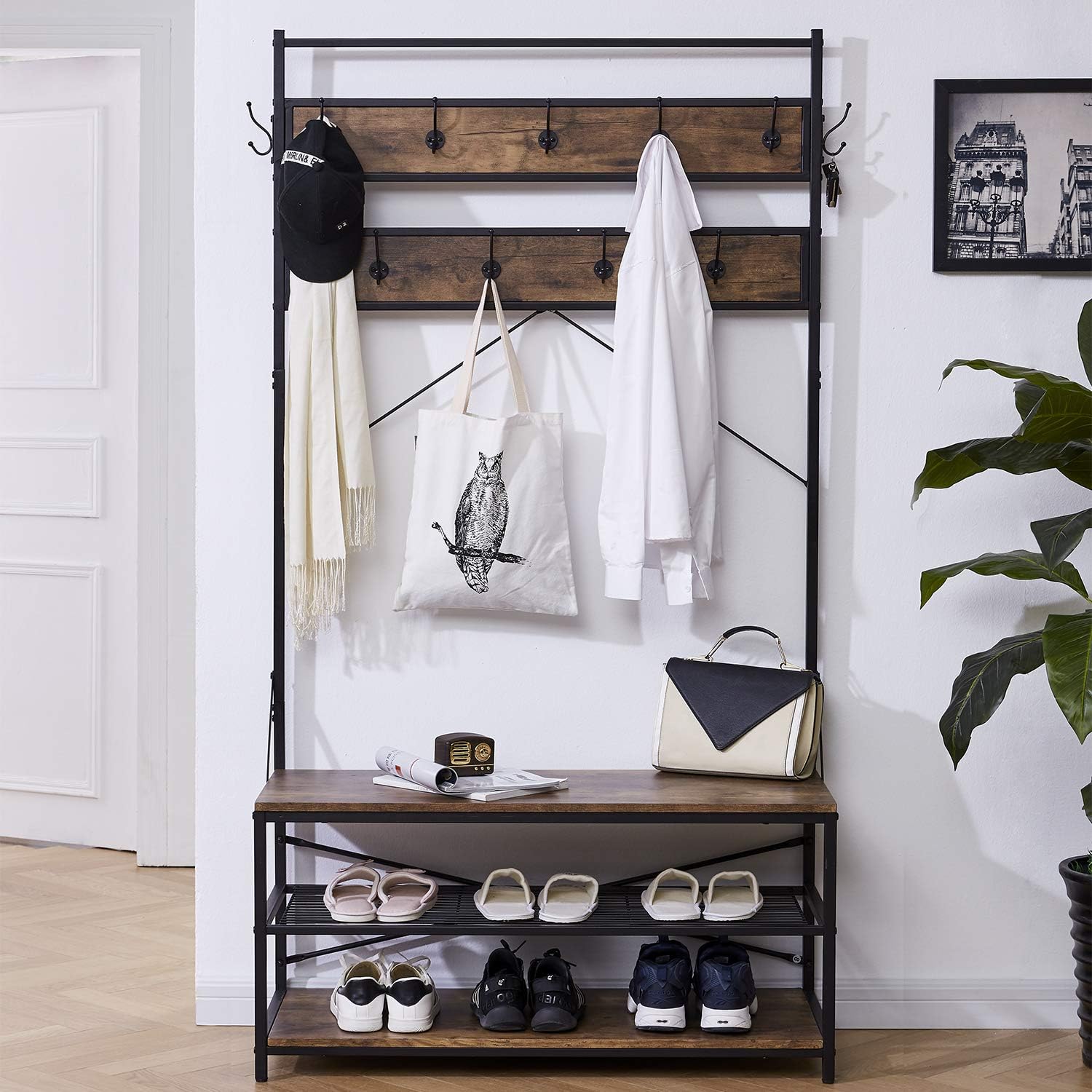 3-in-1 Entryway Coat Rack,Vintage Industrial Hall Tree 72 Inch with Storage Bench and Coat Racks Entryway Storage Shelf Organizer with 9 Hooks， Large Size, Wood Look Accent Furniture with Metal Frame: Home & Kitchen