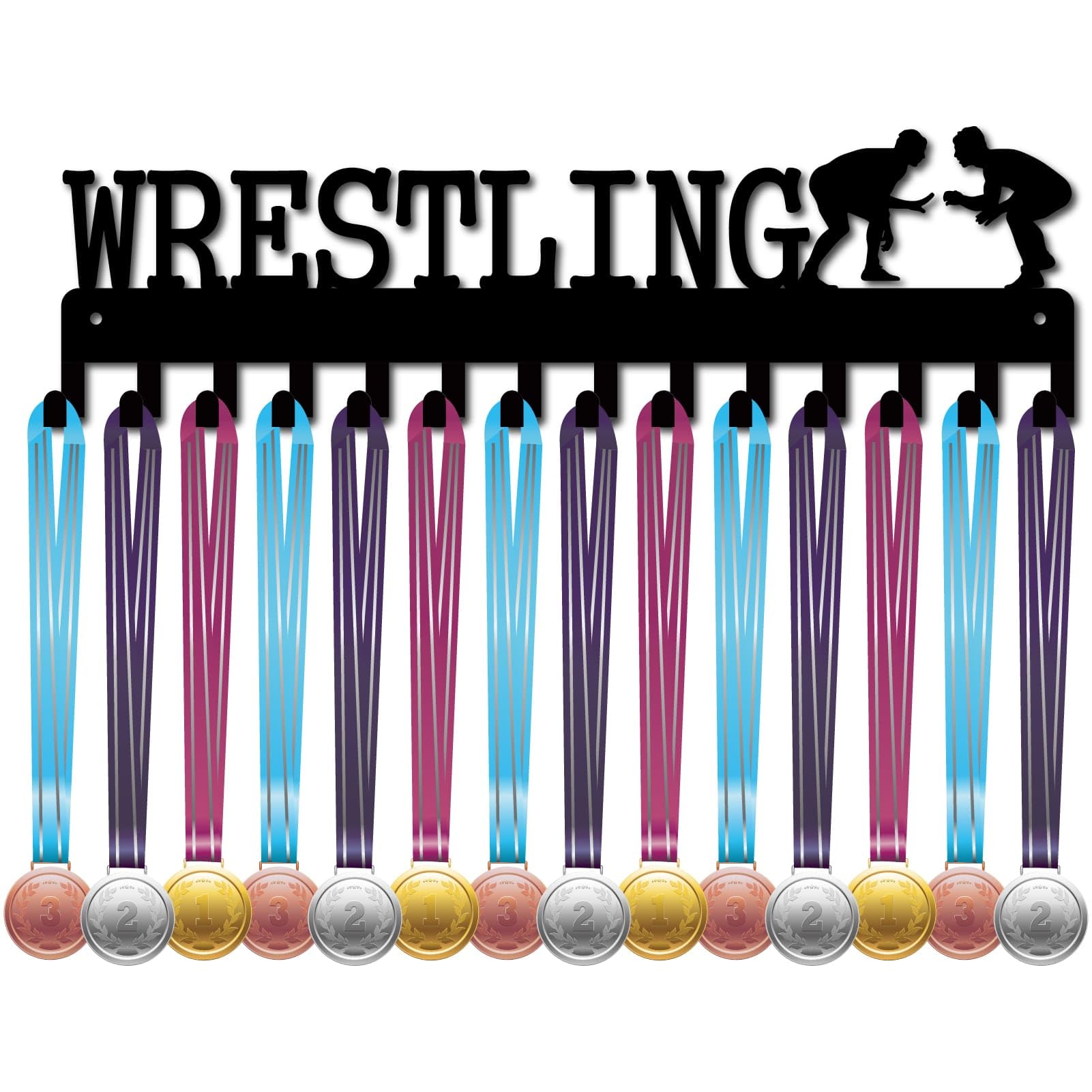 CREATCABIN Wresting Medal Holder Display Hanger Rack Sports Metal Wall Mount with 20 Hooks Hang Over 60 Medals Runners Home Badge Running Marathon Gymnastics Black 15.7 x 4.5inch
