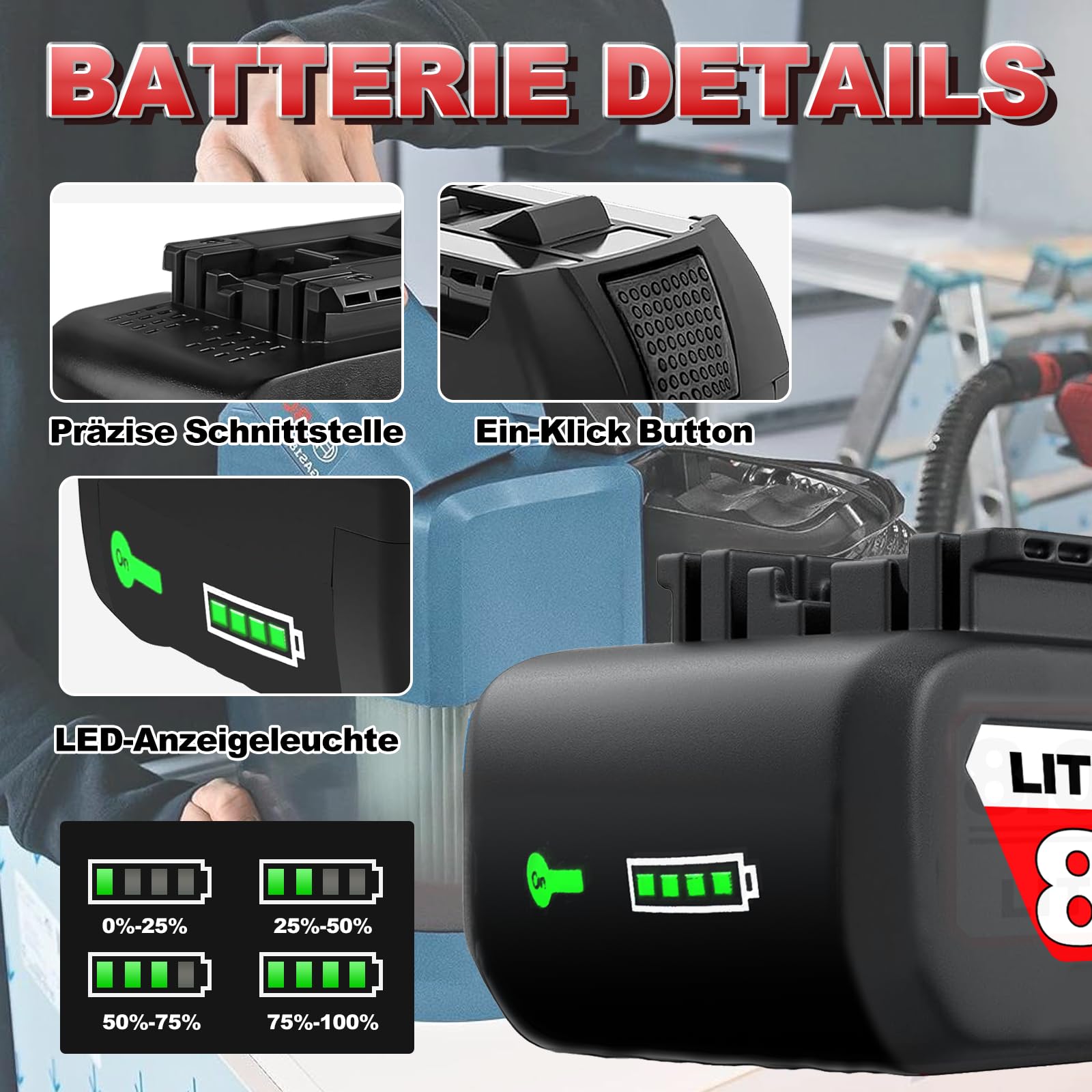2 Stück 8000mAh 18V Lithium-Ionen Ersatzakku für Bosch Akku Kompatibel mit Bosch 18V Akku Serie BAT609 BAT609G BAT618 BAT618G BAT619 mit LED-Ladeanzeige für Bosch Professional Werkzeuge (2P) 3