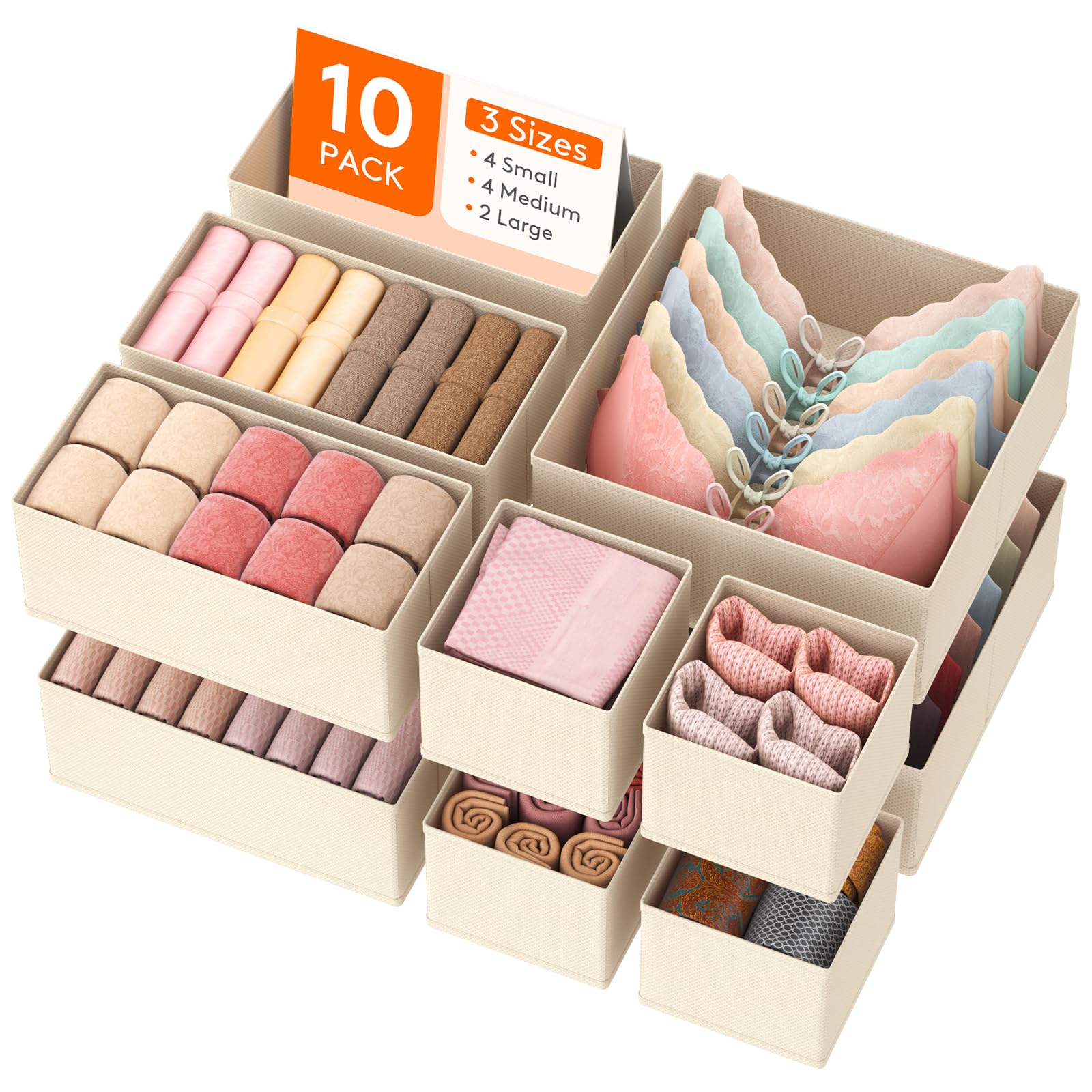 Lifewit 10 Pack Drawer Organiser, Collapisble Fabric Chest of Draw Dividers for Closet, Dresser, Nursery, Bedroom, Foldable Cube Boxes for Clothes, Pants, Underwear, Sock, Bras Organization, Khaki