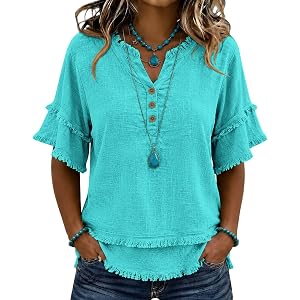 Womens Cotton Linen Tops Flowy Summer Gauze Fringe Shirts Retro Short Sleeve V Neck Shirts Raw Hem Loose Beach Clothes