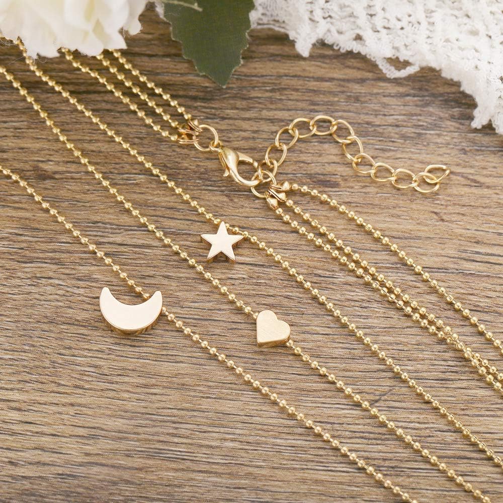 Ceqiny Multi-layer Choker Necklace Star Heart Moon Necklace Pendant Adjustable Chain Necklace Long Chain Tassels 3-Layer Charm Pendant Choker Friendship Necklace Gift for Women Girls, Gold: Clothing