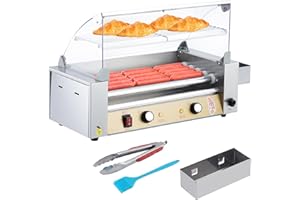 Commercial Hot Dog Roller Grill - 5 Stainless Steel Rollers, Dual Temperature Control, Glass Arc Cover, Bun Warmer, Removable