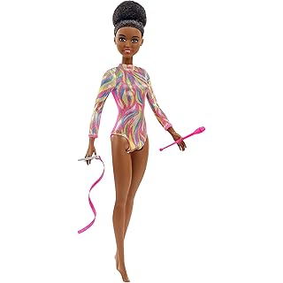 Barbie Rhythmic Gymnast Brunette Doll (12-in) with Colorful Metallic Leotard, 2 Clubs & Ribbon Accessory, Great Gift for Ages 3 Years Old & Up