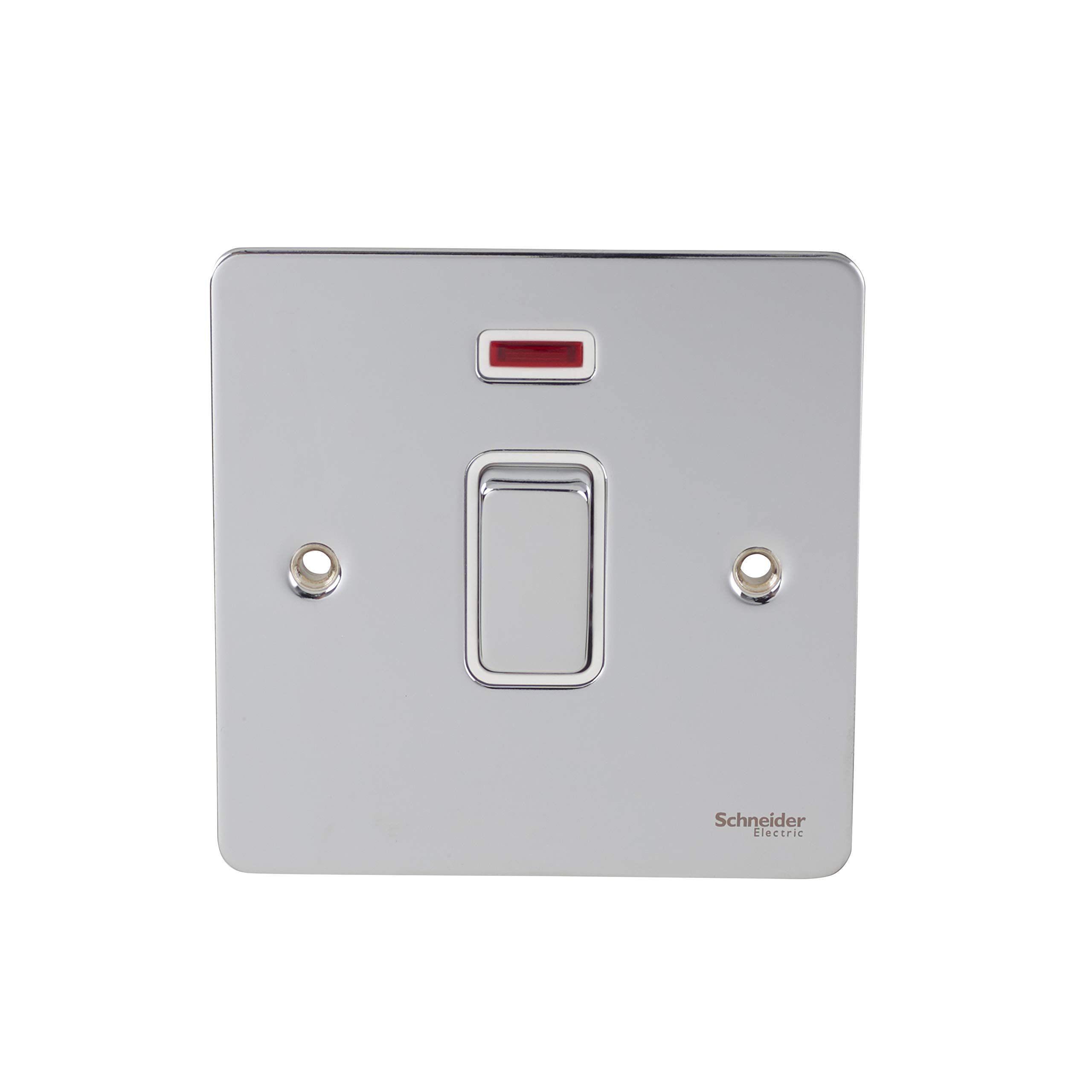 Schneider Electric Ultimate Flat Plate - Single Light Switch, with Neon Indicator, Double Pole, 32A, GU4231WPC, Polished Chrome with White Insert — image 1