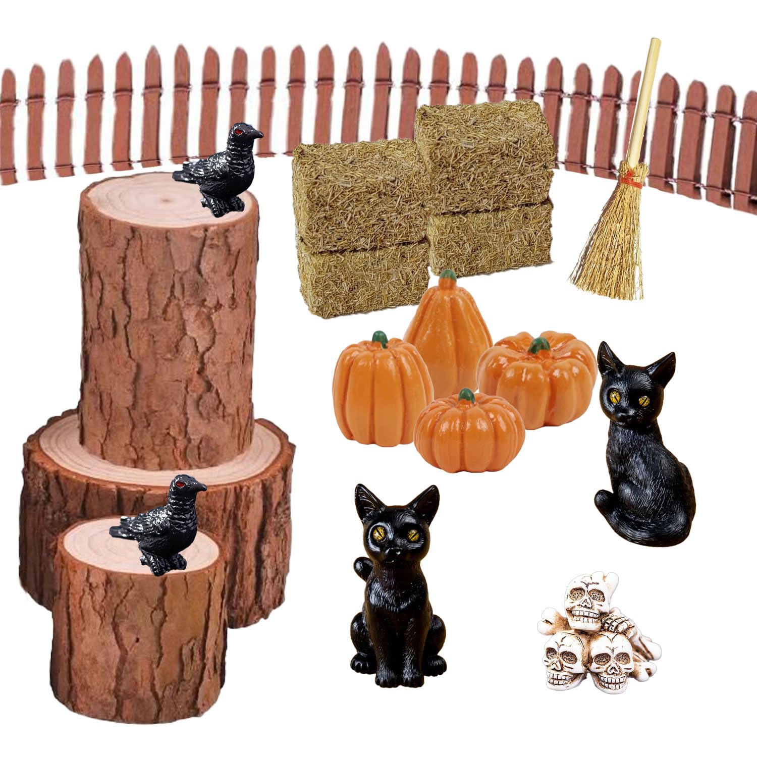 Photo 1 of 18pcs Halloween Village Decor Set with Miniature Figurines Pumpkins Black Cat Witch Skull Crow Broom Fence and Hay Bales for Dollhouse Tabletop Display Spooky Party Home Decoration
