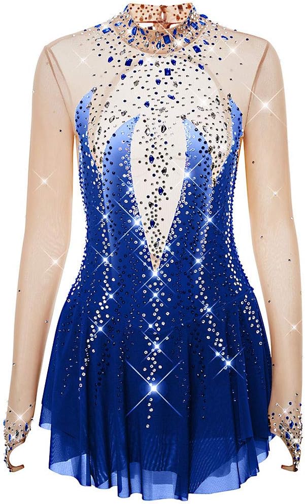 Kmgjc Figure Skating Dress, Women's Girls' Ice Skating Dress Dark Blue Halo Dyeing High Elasticity Competition Skating Handmade Jeweled Rhinestone Long Sleeve,DarkBlue,Child6