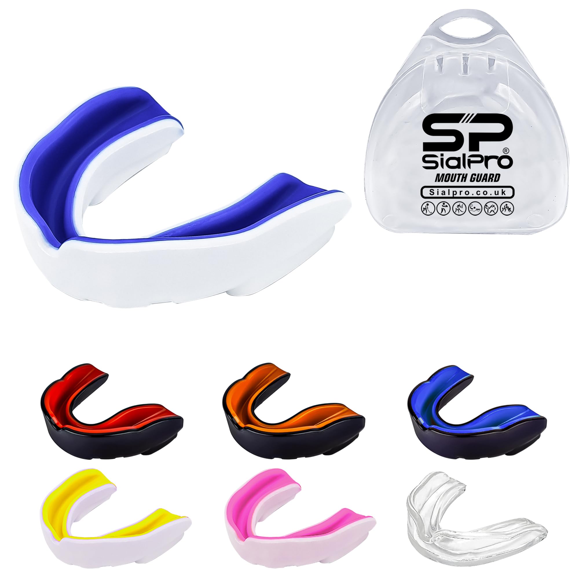 Double Layer Mouthguard Slim Fit, Senior Junior Gum Shield with Case for Boxing, MMA, Rugby, Martial Arts, Judo, Karate, Hockey and All Contact Sports (Adult (12+ Years), White-Blue)