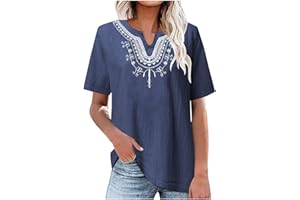 MFNDVD Embroidery Linen Shirts Women V Neck Boho Tunic Short Sleeve Floral Top Juniors Mexican Vintage Shirts Tribal Tops